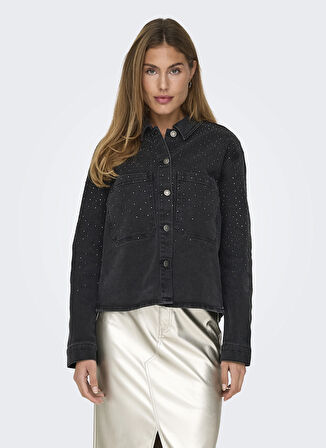 Only Normal Gömlek Yaka Taşlamalı Siyah Kadın Gömlek ONLCASSIE RHINESTONE LS SHIRT DNM B