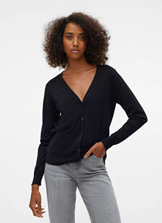 Vero Moda V Yaka Normal Siyah Kazak Kadın VMSILJE LS V-NECK CARDIGAN GA NOOS