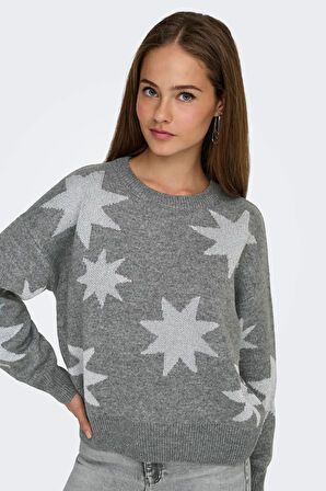 Only Kadın Onlrosıe Yıldız Desenli Bisiklet Yaka Örme Kazak 15328250 Gri