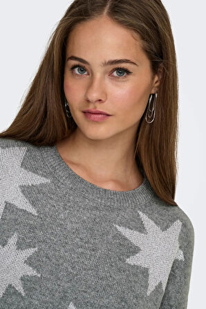 Only Kadın Onlrosıe Yıldız Desenli Bisiklet Yaka Örme Kazak 15328250 Gri