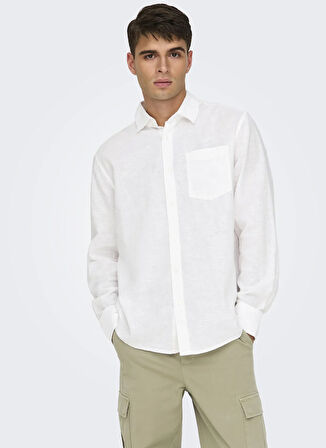 Only & Sons Normal Beyaz Düz Erkek Gömlek ONSCAIDEN LIFE REG LS 1 PKT SHIRT N