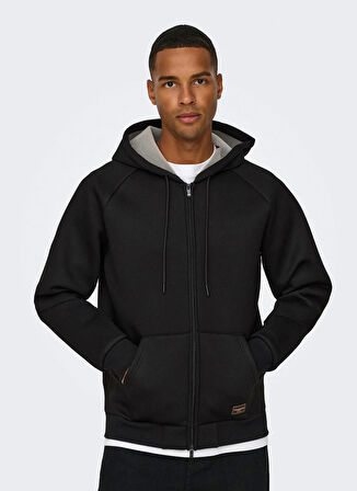 Only & Sons Kapüşon Yaka Siyah Erkek Sweatshırt ONSBOBBEY SCUBA FULL ZIP HOODIE SWE