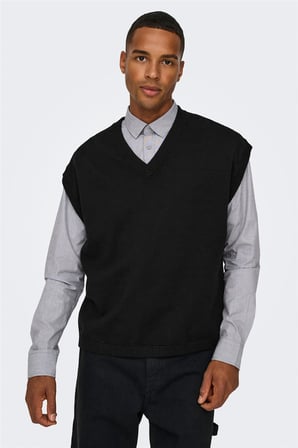 ONSLUSIM LIFE RLX 12 V-NECK VEST KNIT Erkek Siyah Yelek - 22030784