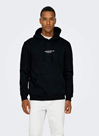 Only & Sons Kapüşon Yaka Siyah Erkek Sweatshırt ONSCURATED REG HOODIE SWEAT NOOS