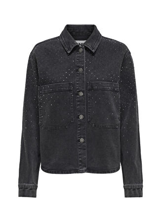 Only Normal Gömlek Yaka Taşlamalı Siyah Kadın Gömlek ONLCASSIE RHINESTONE LS SHIRT DNM B
