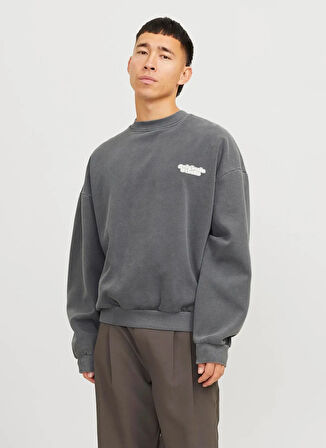 Jack & Jones Bisiklet Yaka Koyu Gri Erkek Sweatshırt 12266178_JORRIDGEWOOD WASH SWEAT CR