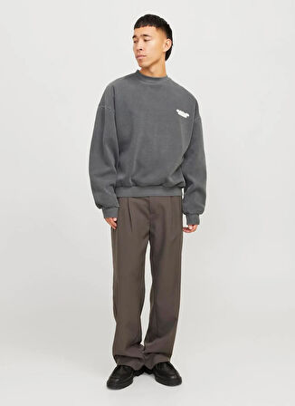 Jack & Jones Bisiklet Yaka Koyu Gri Erkek Sweatshırt 12266178_JORRIDGEWOOD WASH SWEAT CR