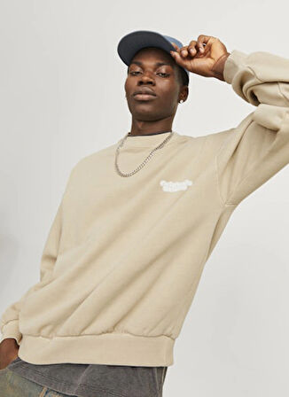 Jack & Jones Bisiklet Yaka Bej Erkek Sweatshırt 12266178_JORRIDGEWOOD WASH SWEAT CR