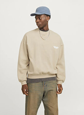 Jack & Jones Bisiklet Yaka Bej Erkek Sweatshırt 12266178_JORRIDGEWOOD WASH SWEAT CR