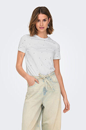 Only Kadın Onlglobe Taş Detaylı Sıfır Yaka %100 Pamuk T-Shirt 15342984 Beyaz