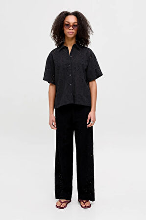 JJXX Kadın Jxmıllıe Rahat Kesim Dantel Detaylı Kısa Kollu %100 Pamuk Gömlek 12270924 Siyah