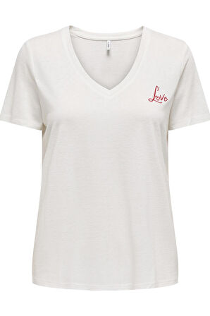 ONLNEW BELLE S/S LOVE V-NECK TOP BOX JRS P.BEYAZ
