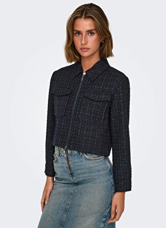 Only Dar Gömlek Yaka Desenli Koyu Mavi Kadın Gömlek ONLSHONA L/S BOUCLE SHIRT TLR
