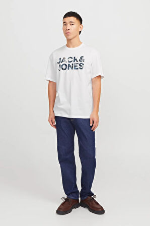 Jack & Jones Erkek Jjebryan Yazı Detaylı Bisiklet Yaka %100 Pamuk T-Shirt 12268127 Beyaz