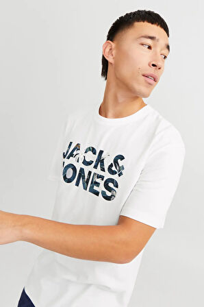 Jack & Jones Erkek Jjebryan Yazı Detaylı Bisiklet Yaka %100 Pamuk T-Shirt 12268127 Beyaz