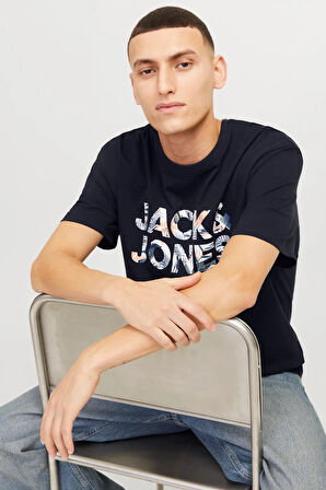 Jack & Jones Erkek Jjebryan Yazı Detaylı Bisiklet Yaka %100 Pamuk T-Shirt 12268127 Lacivert