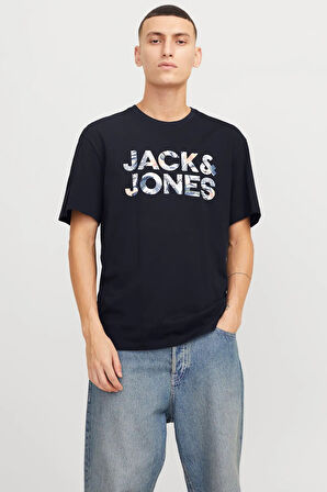 Jack & Jones Erkek Jjebryan Yazı Detaylı Bisiklet Yaka %100 Pamuk T-Shirt 12268127 Lacivert