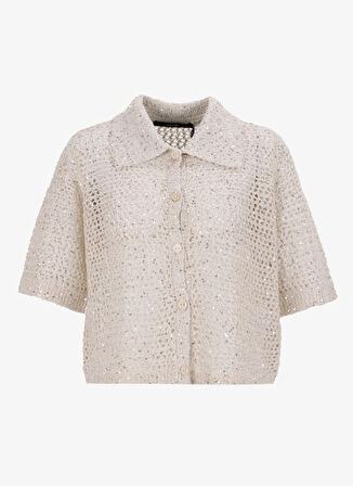 Vero Moda Gömlek Yaka Normal Krem Kazak Kadın VMLEILANI GLITTER 2/4 POLONECK CARD
