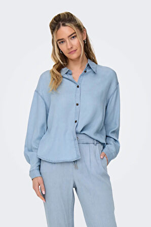Only Kadın Onlcharıs Düşük Omuz Oversize Uzun Kollu Gömlek 15337928 Mavi