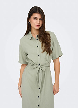 Only Gömlek Yaka Düz Yeşil Uzun Kadın Elbise ONLCARO S/S LINEN BL BELT DRESS CC