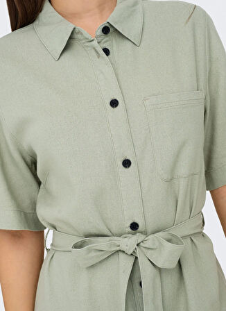 Only Gömlek Yaka Düz Yeşil Uzun Kadın Elbise ONLCARO S/S LINEN BL BELT DRESS CC