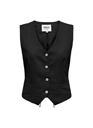 Siyah Kadın V Yaka Normal Kalıp Yelek ONLCARO S/L LINEN BLEND VEST CC TLR