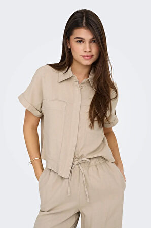 Only Kadın Keten Kısa Kollu Gömlek - 15338744