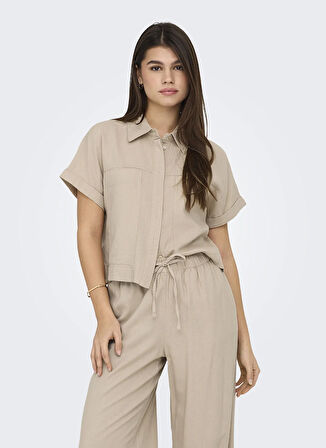 Only Normal Gömlek Yaka Düz Açık Kahve Kadın Gömlek ONLCARO S/S LINEN BL BOXY SHIRT CC