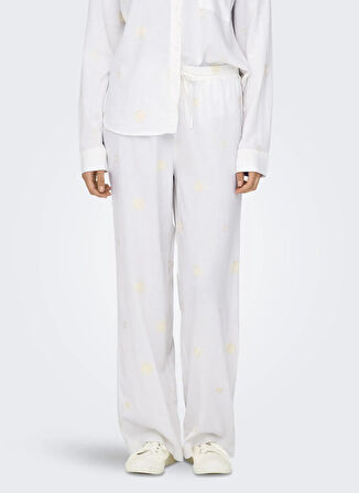 Only Orta Bel Rahat Beyaz Kadın Pantolon ONLCARO MW LINEN BL EMB WIDE PANT C