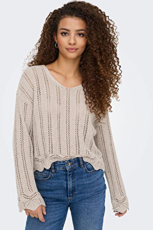 Only Kadın Regular Fit V Yaka Bej Örme Kazak - 15339529