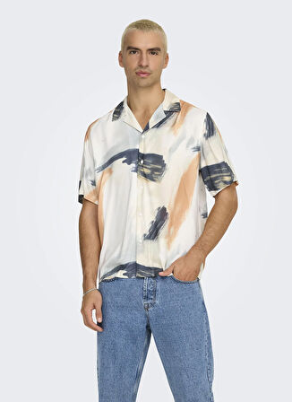 Only & Sons Rahat Ekru Desenli Erkek Gömlek ONSDASH LIFE REG DIG AOP SS RESORT