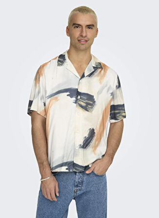 Only & Sons Rahat Ekru Desenli Erkek Gömlek ONSDASH LIFE REG DIG AOP SS RESORT