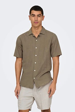 Only & Sons Erkek Onscaıden Kısa Kollu Keten Gömlek 22025116 Kahverengi