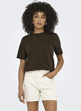 Only O Yaka Düz Kahve Kadın T-Shirt ONLMONJA LIFE S/S TEE JRS NOOS