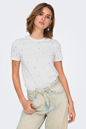 Only Kadın Onlglobe Taş Detaylı Sıfır Yaka %100 Pamuk T-Shirt 15342984 Beyaz