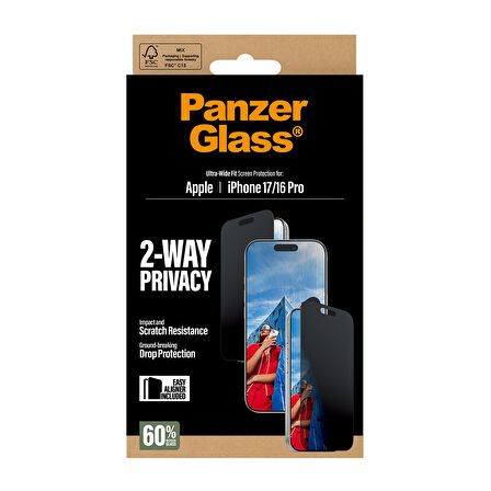 PanzerGlass iPhone 17 | iPhone 16 Pro | Ultra-Wide Fit Çerçeve Aparatlı 2 Yönlü Gizli/Hayalet Ekranlı Koruyucu