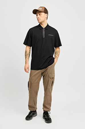 Jack & Jones Erkek Jcofusıon Regular Fit Fermuarlı Polo Yaka Kısa Kollu T-Shirt 12273127 Siyah