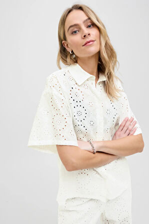 JJXX Kadın Jxmıllıe Rahat Kesim Dantel Detaylı Kısa Kollu %100 Pamuk Gömlek 12270924 Ekru