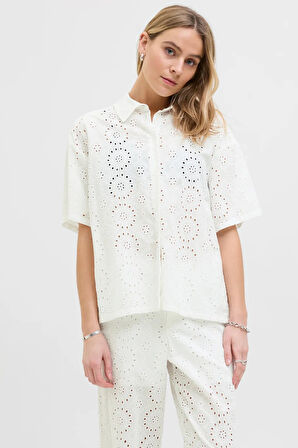 JJXX Kadın Jxmıllıe Rahat Kesim Dantel Detaylı Kısa Kollu %100 Pamuk Gömlek 12270924 Ekru