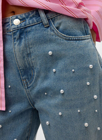 Vero Moda Orta Bel Düz Paça Düz Mavi Kadın Denim Pantolon VMALLISON MR STRAIGHT PEARL JEANS S