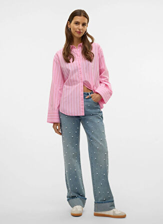 Vero Moda Orta Bel Düz Paça Düz Mavi Kadın Denim Pantolon VMALLISON MR STRAIGHT PEARL JEANS S