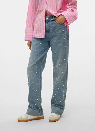 Vero Moda Orta Bel Düz Paça Düz Mavi Kadın Denim Pantolon VMALLISON MR STRAIGHT PEARL JEANS S