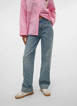 Vero Moda Orta Bel Düz Paça Düz Mavi Kadın Denim Pantolon VMALLISON MR STRAIGHT PEARL JEANS S