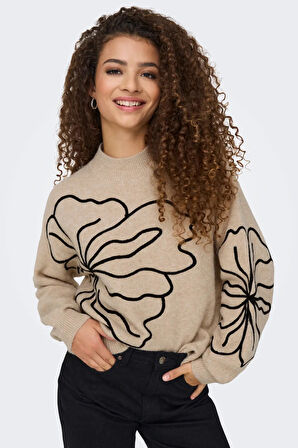 Only Kadın Jdyjella Desenli Yuvarlak Yaka Yünlü Kazak 15344518 Bej