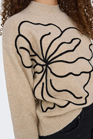 Only Kadın Jdyjella Desenli Yuvarlak Yaka Yünlü Kazak 15344518 Bej