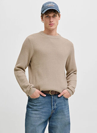 Jack & Jones Bisiklet Yaka Normal Bej Erkek Kazak 12278816_JJEDOVER KNIT CREW NECK SN