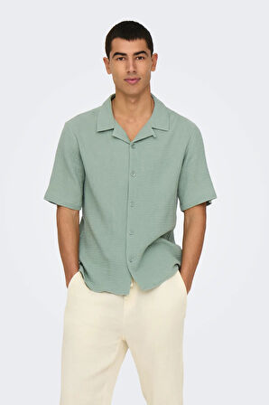 Only & Sons Erkek Onskyle Kısa Kollu Kendinden Desenli %100 Pamuk Gömlek 22029217 Yeşil