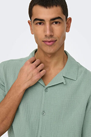 Only & Sons Erkek Onskyle Kısa Kollu Kendinden Desenli %100 Pamuk Gömlek 22029217 Yeşil