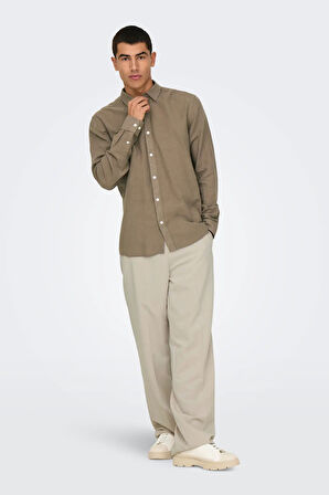 Only & Sons Erkek Onscaiden Slim Fit Keten Gömlek 22012321 Kahverengi