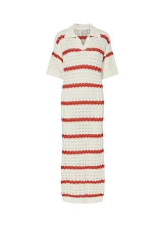 Yas Polo Yaka Çizgili Ekru Uzun Kadın Elbise YASLANA 2/4 MAXI KNIT DRESS S.